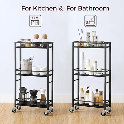 Slim Rolling Cart, Mobile Kitchen Cart on Wheels, Narrow Storage Cart for Small Space, Wooden Service Cart, for Bathroom, Laundry, Living Room, Black RCHB1501