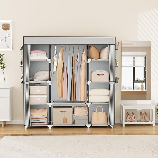 VTRIN Portable Closet Wardrobe for Hanging Clothes 57.3 Inch Large Capacity Clothes Rack with Cover, 10 Storage Organizer Shelves, 1 Hanging Rods and 6 Pockets, Free Standing Closet for Bedroom, Grey