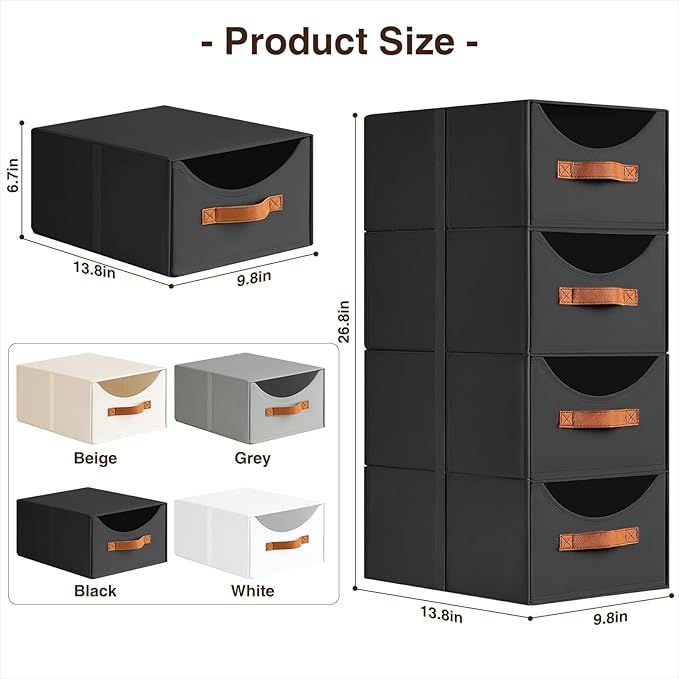 Stackable Storage Drawers - Collapsible Storage Bins with Drawers, 6 Pack Small Closet Organizer Bins, Fabric Pull Out Organizer for Bedroom, Living Room, Dorm, Black