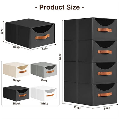 Stackable Storage Drawers - Collapsible Storage Bins with Drawers, 6 Pack Closet Shelf Organizer Basket, Fabric Pull Out Organizer for Bedroom, Living Room, Dorm, Black