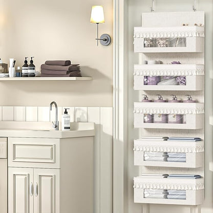 Aokeyee 5 Tier Over The Door Organizer Storage Nursery, Boho Door Organizer Hanging with Tassels and Clear Window, 65lb Behind The Door Storage for Baby Nursery, Bedroom, Bathroom, Laundry, Pantry