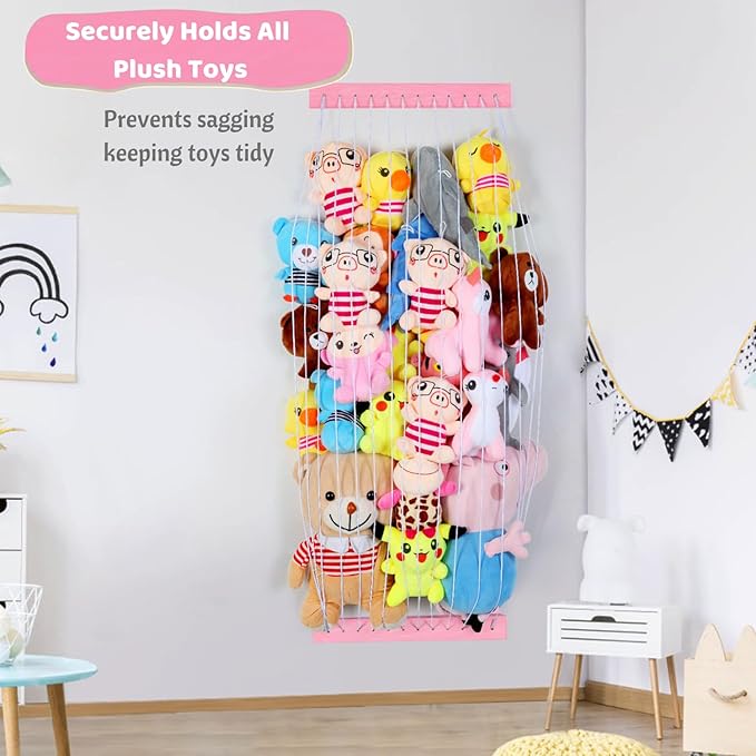 Stuffed Animal Storage Wooden Soft Toy Storage for Kids Room，Wall Mount Door Hanging Stuffed Animal Toy Organizer Shelf for Nursery Play Room Pink -Patent