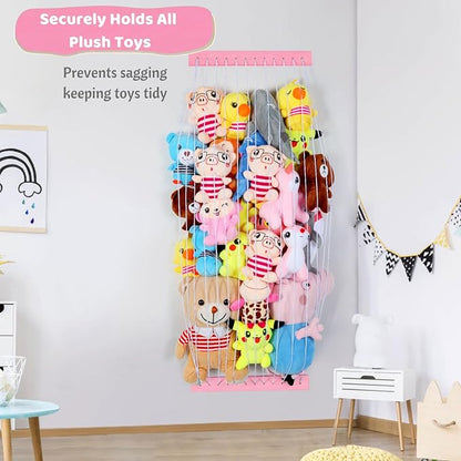 Stuffed Animal Storage Wooden Soft Toy Storage for Kids Room，Wall Mount Door Hanging Stuffed Animal Toy Organizer Shelf for Nursery Play Room Pink -Patent