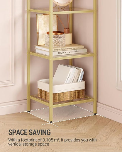 Bookcase Bookshelf, Tempered Glass Arched Bookshelf for More Storage, Slim Shelving Unit for Bedroom, Bathroom, Home Office, Steel Frame, 5 Tier Gold BC20599G
