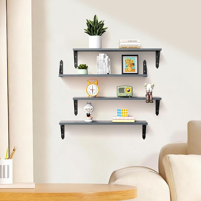 Wood Floating Shelves Set of 4, Rustic Storage Decor Wall Shelves, Wall Mounted Shelf for Living Room, Bedroom 23.6" x 6", Grey