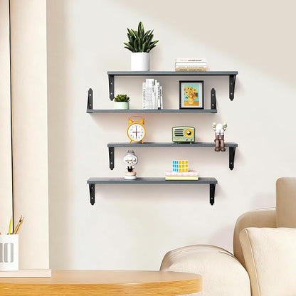 Wood Floating Shelves Set of 4, Rustic Storage Decor Wall Shelves, Wall Mounted Shelf for Living Room, Bedroom 23.6" x 6", Grey