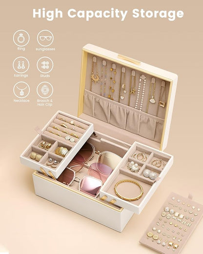 Lolalet Jewelry Box Organizer for Women Girls, 2 Layer Jewelry Organizers and Storage for Necklace Earrings Rings Bracelets, Large Jewellery Holder Case Birthday Valentine Gifts -Cream