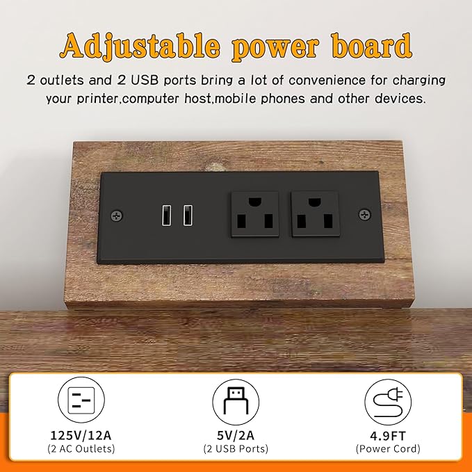Large Printer Stand with Power Outlet, with Height Adjustable Storage Shelf, 3 Tier Rolling Printer Cart with Industrial Wheels, 23.6 x 23.6 Inches Printer Table for Home Office, Rustic Brown