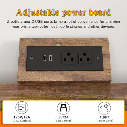 Large Printer Stand with Power Outlet, with Height Adjustable Storage Shelf, 3 Tier Rolling Printer Cart with Industrial Wheels, 23.6 x 23.6 Inches Printer Table for Home Office, Rustic Brown