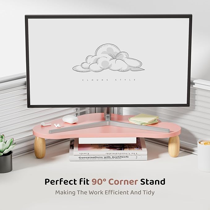 Monitor Stand Riser,Cloud-Shaped Sturdy Wood 16.5In Computer Monitor Riser Wirh Drawer, Multi-Purpose Desktop Organizer Riser for Computer,Laptop,Printer,TV,Pink