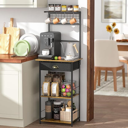 5 Tier Coffee Bar Station with Drawer, Kitchen Stand with 4 S-Shaped Hooks, Farmhouse Corner Coffee Bar Cabinet for Small Spaces, Bakers Rack for Kitchen, Living Room, 13.43" D x 18.93" W x 53.31" H