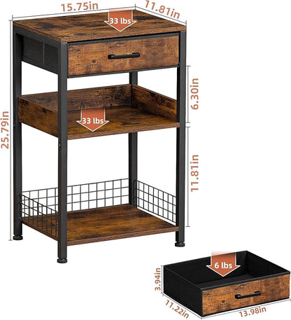 Lerliuo End Table with Fabric Drawer,3 Tier Industrial Wood Side Table with Storage,Modern Tall Printer Stand,Vintage Brown Nightstand,Rustic Bedside Tables for Living Room Bedroom Small Spaces