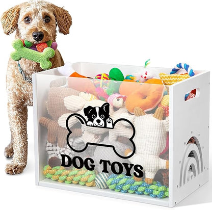 Dog Toy Box Large Wooden Dog Toy Chest with Handle Wooden Storage Bin with Acrylic Board Storage Box for Puppy Toys Pet Food and Accessories Organizer Holder Basket for Living Room Area(White, Dog)