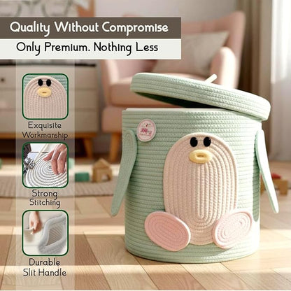 Kids Laundry Hamper with lid & Toy Storage Organizer | Large Penguin Woven Cotton Rope Bin for Stuffed Plushies | Cute Animal Design Basket with Cutout Handles for Nursery, Playroom & more (Penguin)