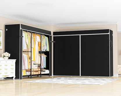 E14C Pro Heavy Duty Closet Organizer System，Freestanding Clothing Racks for Hanging Clothes，Adjustable Garment Rack 70.1"W × 16.6"D × 76.4"H Hold 960 lbs，Black Rack with Black Dustproof Cover