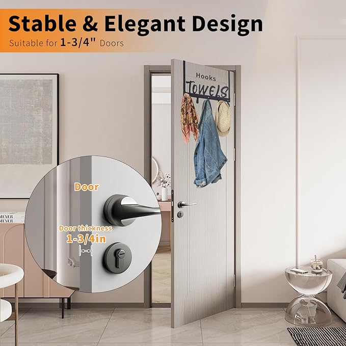 Over The Door Hook, Towel Holder Towel Hook for Bathroom, Towel Hanger Door Rack with 5 Coat Hooks, Over The Door Hanger Towel Rack for Bathroom, Bedroom Towels Coats, Black