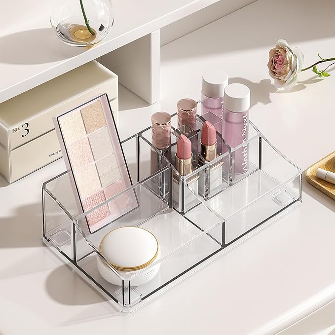 Delamu 3-Tier Clear Makeup Organizer with Drawer, Acrylic Cosmetic Display Case for Makeup Vanity Bathroom Counter Organizers and Storage, Stackable Vanity Organizer for Brushes Lipsticks Skincare