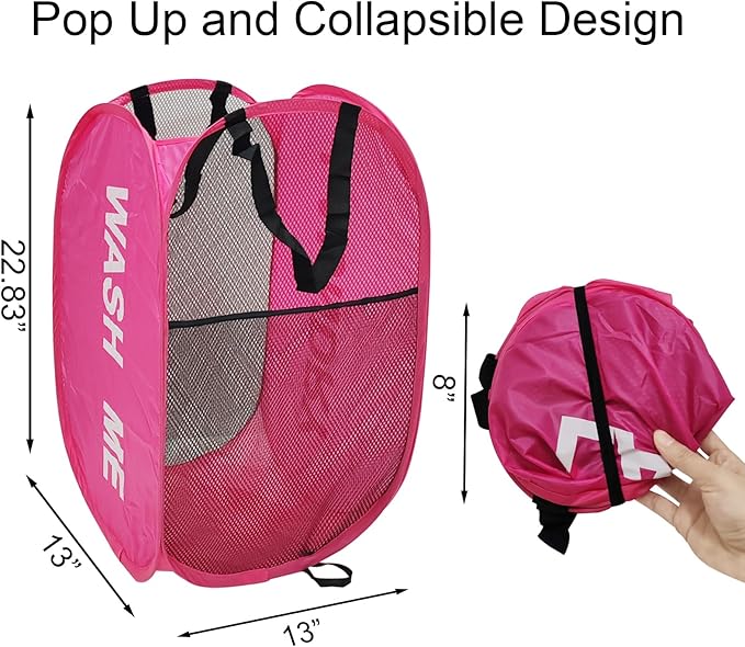 2 Pack Mesh Pop Up Laundry Hamper Collapsible Laundry Basket with Side Pocket, Strong Handles, Storage Organizer for Bedroom, Nursery Room, College Dorms (Black+Pink)