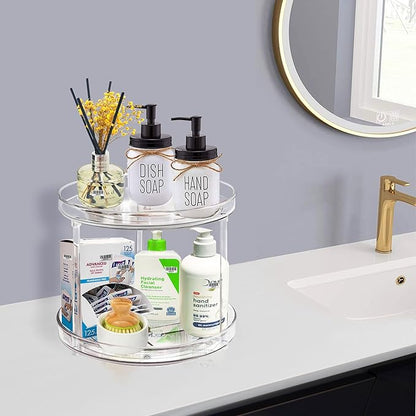 2 Tier Lazy Susan Bathroom Organizer, 9.25Inch Clear 360 Rotating Makeup Organizer for Vanity, Skincare Organizers Perfume Organizer, Spice Rack Organizer for Cabinet- Home Organization and Storage