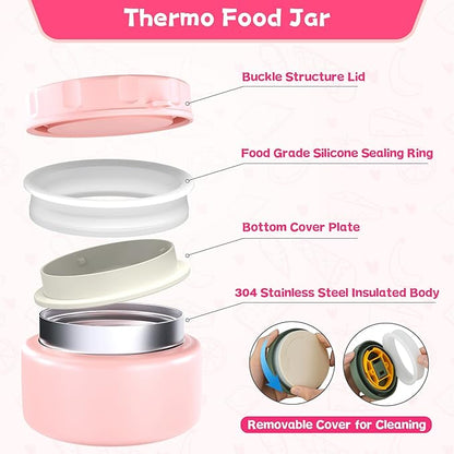 Kids Bento Lunch Box with 8oz Soup Thermo, Kids Leakproof Lunch Food Containers with 4 Compartment,Insulated Hot Food Jar with Lunch Bag for School, Travel (Pink)