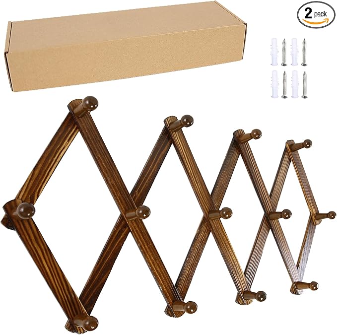 AMAPON Accordion Style Expandable Wall Wooden Coat Rack 13 Hooks (Pegs) Hang Hats Jackets Coffee Mug Purses Necklaces Towels Cap Leash Scarves Data Line Kitchenware (Walnut 2 Packs)