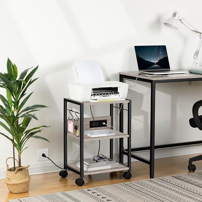 Industrial Printer Cart, 3-Tier Mobile Printer Stand, Rolling Cart with Power Outlets and USB Ports, Home Printer Stand with 2 Hooks, for Office, Living Room, Greige PTHG40E01