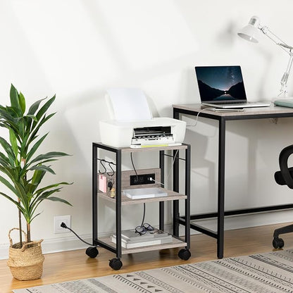 Industrial Printer Cart, 3-Tier Mobile Printer Stand, Rolling Cart with Power Outlets and USB Ports, Home Printer Stand with 2 Hooks, for Office, Living Room, Greige PTHG40E01