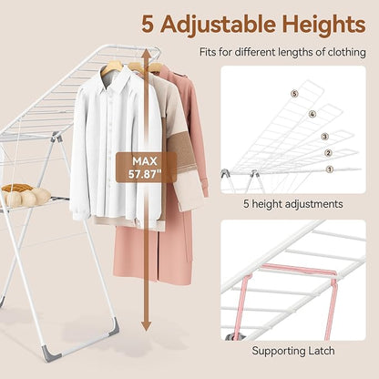 APEXCHASER Clothes Drying Rack, Foldable Drying Rack Clothing, Sturdy Metal Laundry Drying Rack, Height-Adjustable Gullwing, Easy to Fold, Space-Saving, for Indoor Outdoor, White