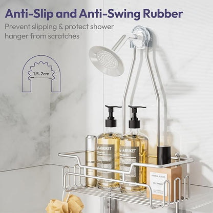 SWTYMIKI Bathroom Shower Caddy Hanging - 3 Tier Rustproof Over Shower Head Organizer, No Drilling Bathroom Shelf with 16 Hooks & Soap Holder, Anti-Swing Rack, Sand Nickel