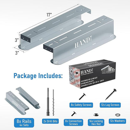 HANDT Overhead Garage Storage Rack, Connectable Heavy Duty Metal Ceiling Rails For Garage Storage Organization Shelving System, Hanging Racks For Tote Containers, Supports Up To 6 Bins, 4 Sets Gray