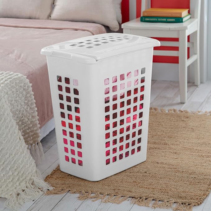 Sterilite Rectangular LiftTop Laundry Hamper with Lid, Handles to Easily Carry Clothes Between the Laundry Room and Bedroom, Plastic, White, 8-Pack
