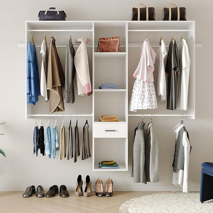 Wall Mounted Closet System, with Hanging Rod and All Hardware Kits, Large Garment Rack Shelves and One Drawer, Need to be Assembled, MDF with White Color for Bedroom and Closet