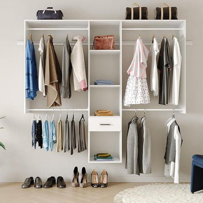 Wall Mounted Closet System, with Hanging Rod and All Hardware Kits, Large Garment Rack Shelves and One Drawer, Need to be Assembled, MDF with White Color for Bedroom and Closet