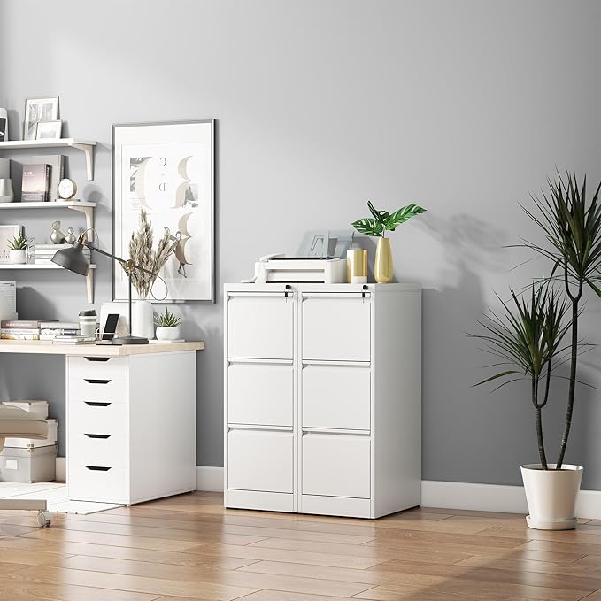 3 Drawer File Cabinet with Lock, Vertical Filing Cabinets for Home Office, Metal Storage Cabinets, Heavy Duty File Cabinet for Letter/Legal/A4/F4 Size Amsseble Required, White