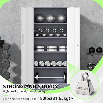 Bonusall 72" Metal Garage Storage Cabinet， Heavy-Duty Steel Cabinet with 2 Locking Doors & 5 Adjustable Shelves for Home, Office, or Workshop Organization(White Grey)