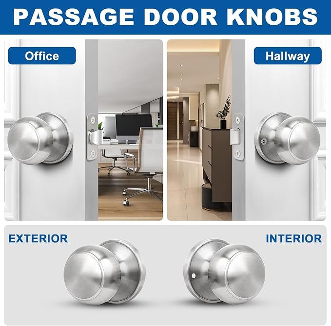 Sopoby Brushed Nickel Door Knob, 6 Pack Round Keyless Doorknobs Interior/Exterior Lockset, Passage Locking Door Knobs for Bedroom/Bathroom, Modern Design Door Hardware