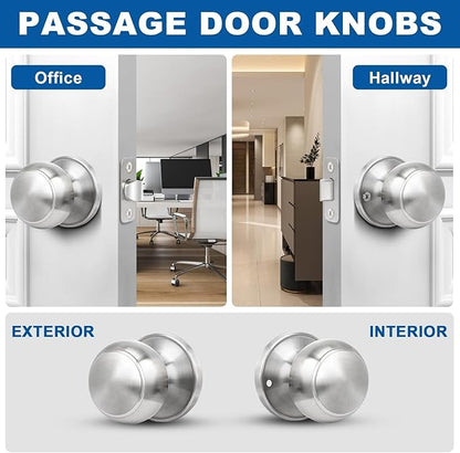 Sopoby Brushed Nickel Door Knob, 6 Pack Round Keyless Doorknobs Interior/Exterior Lockset, Passage Locking Door Knobs for Bedroom/Bathroom, Modern Design Door Hardware