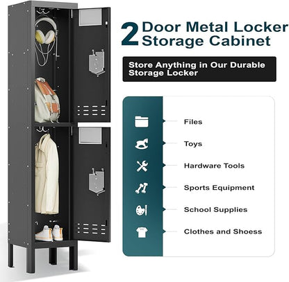 Metal Storage Locker with Lock & Card Slot Locker - Secure Lockable Door - Steel Locker for School, Office, Gym, Home - 66.15" H x 11.8" W x 11.8" D（2 Door, Black）