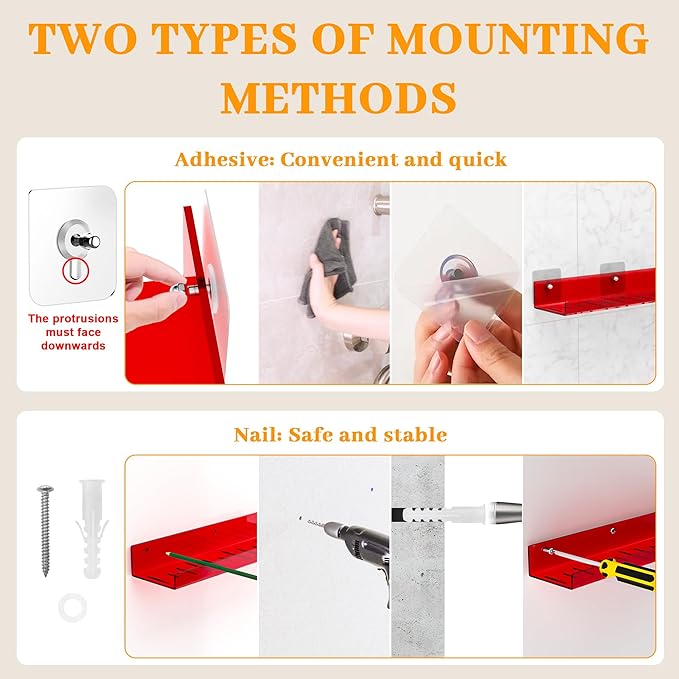 2 Pack Floating Shelves–15'' Red Acrylic/PET Wall-Mounted No Drill Storage with Adhesive, Bathroom & Bedroom Shelving for Kitchen, Living Room, Home Decor
