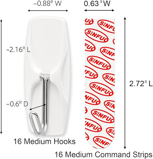 Wire Hooks for Wall Medium 16 Hooks, Heavy Duty Wall Hooks with 16 Strips, Damage Free Adhesive Hooks for Key Holder, Coat, Door, Shower Hanging