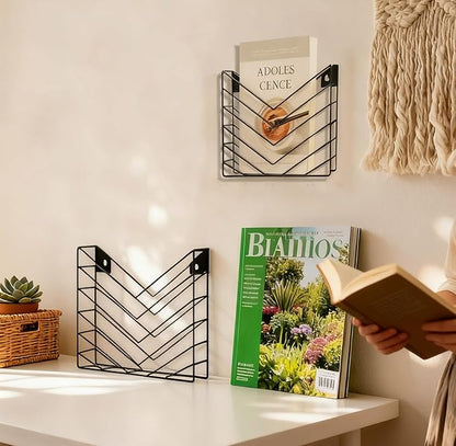 CROISSANT Black Wall Mounted File Organizer,Metal Magazine Basket, Concave Wall Mounted Magazine Rack, Suitable for Hanging File Folders for Office Living Room (Black, 2 Pack)