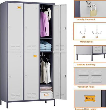 Aobabo Upgraded Metal Storage Lockers for Employees, 72inch Tall 6 Doors Metal Locker with Lock and Name Card Slot, Industrial Storage with 18 Hooks, for Office Gym, Assembly Required,Grey White