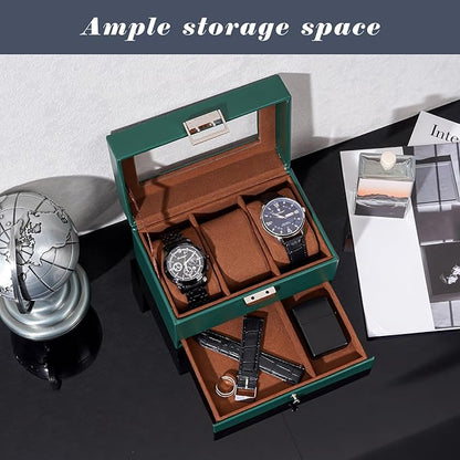 ProCase Watch Box, 3 Slot Watches Display Case with Drawer, Mens Watch Case with Glass Lid, 2-Layer Mens Jewelry Organizer Storage Holder, Birthday Valentine Gifts for Men-3 Slot, MidnightGreen