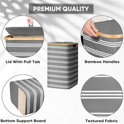 BALEINE Laundry Hamper with Lid, Tall Laundry Baskets with Bamboo Pull Handles, Large Laundry Bin with Internal Support (26 Gal/100L, Grey Pinstripe)