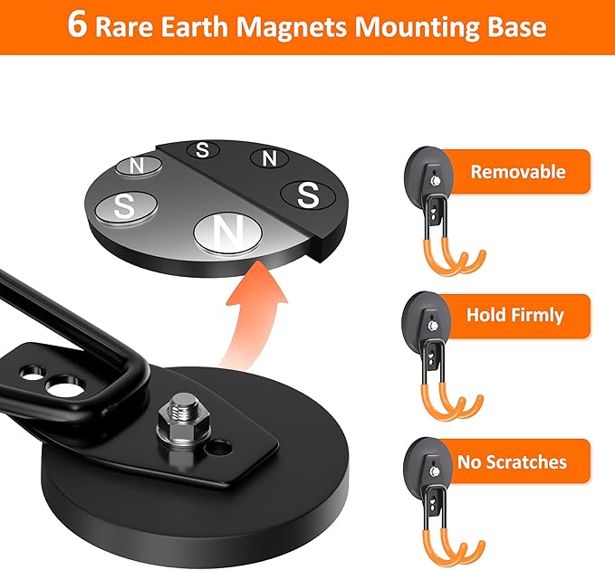 ENUODA Strong Magnetic Hooks Heavy Duty - Magnetic Wreath Hanger, Rare Earth Magnet Hook for Hanging Garden Tools, Drill, Hose, Broom, Cabinet, Tool Chest, Van, Container, Locker, 4 PCS