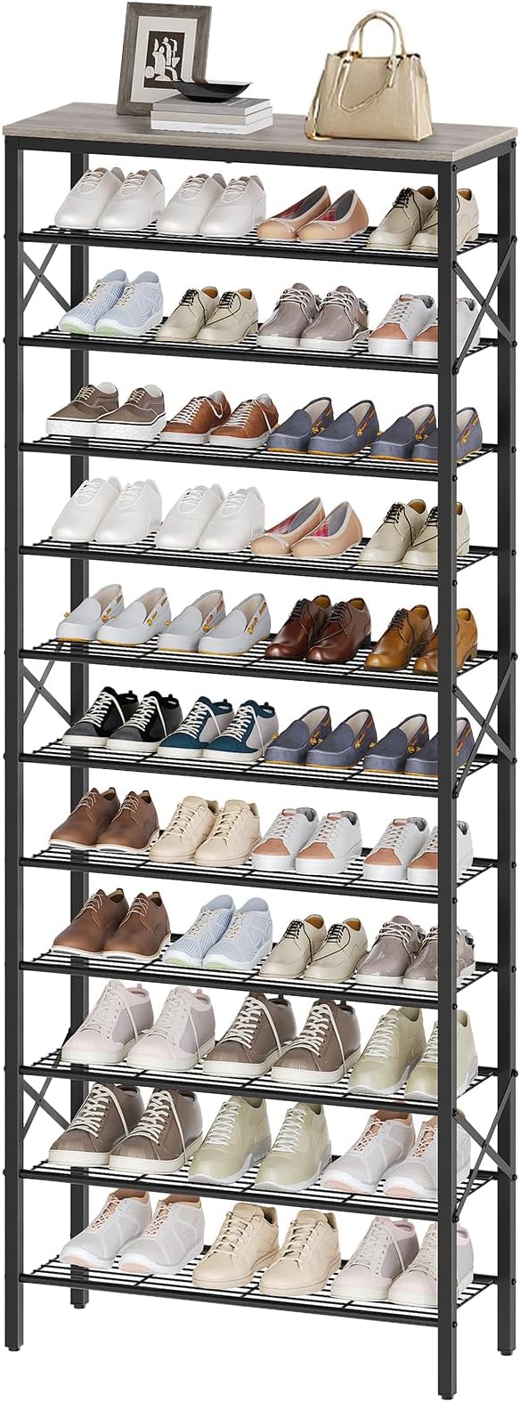 12 Tier Shoe Rack, Large Capacity Shoe Storage Organizer Holds 48 Pairs, Sturdy and Stable, for Entryway, Hallway, Closet, Dorm Room, Greige and Black SS12BG