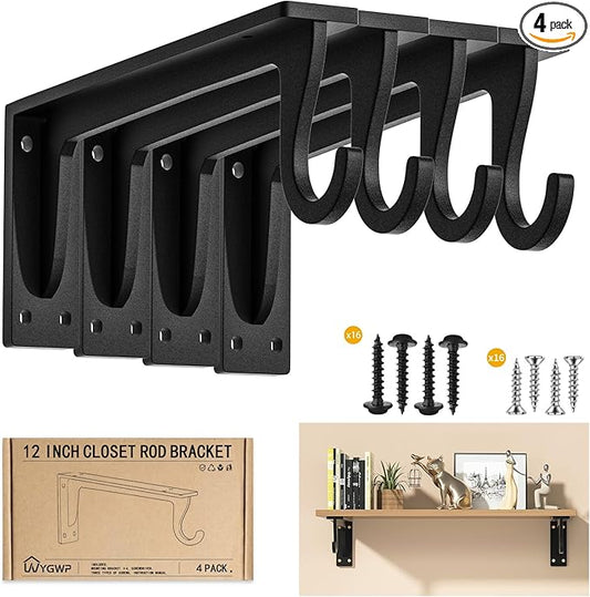 Closet Rod Support Bracket 12inch WYGWP Heavy Duty Closet Rod Holders 400lbs, Wall Mounted Brackets with Hooks for Closets for Home and Decor