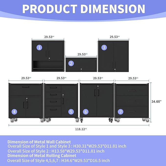 Garage Storage Cabinet System 6pcs Heavy Duty Workshop Set Wall Cabinet Lockable Rolling Tool Cabinets with Adjustable Shelves Metal Garage Storage Cabinets, Black