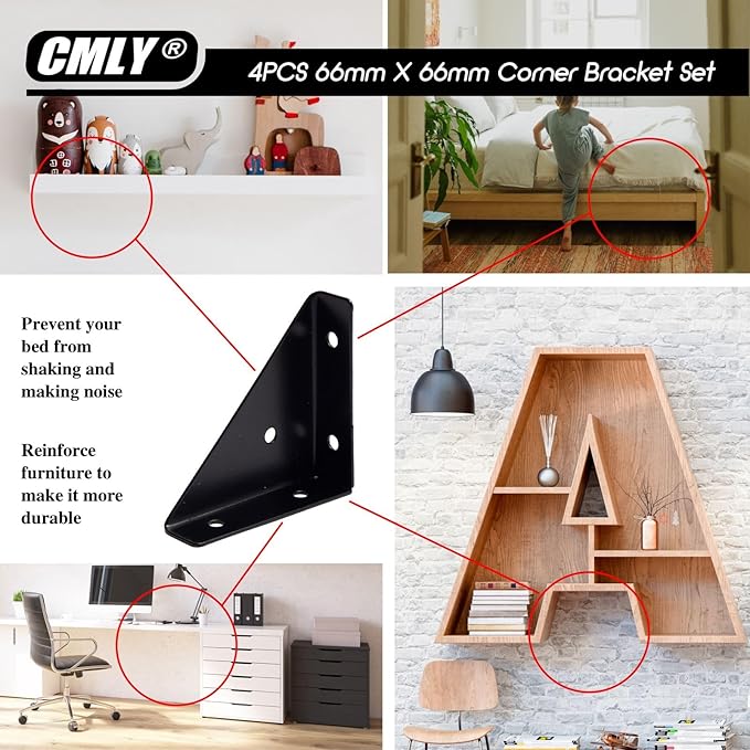 Corner Brace Brackets, 4Pcs 66mm x 66mm Corner Braces for Wood, Metal Corner Brackets, Triangle Shelf Bracket, Black Angle Bracket, Corner Desk Connector for Bed, Table, Cabinet