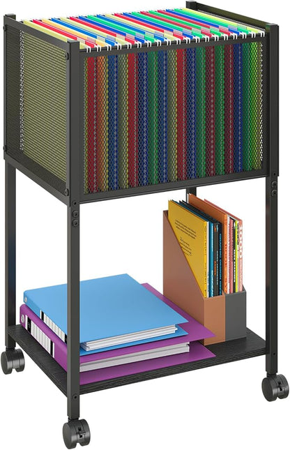 Letter/Legal Rolling File Cart, Narrow Mobile File Cabinet with Wheels Hanging Files, Metal Hanging File Folder Cart File Organizer Under Desk Storage for Home Office, Black